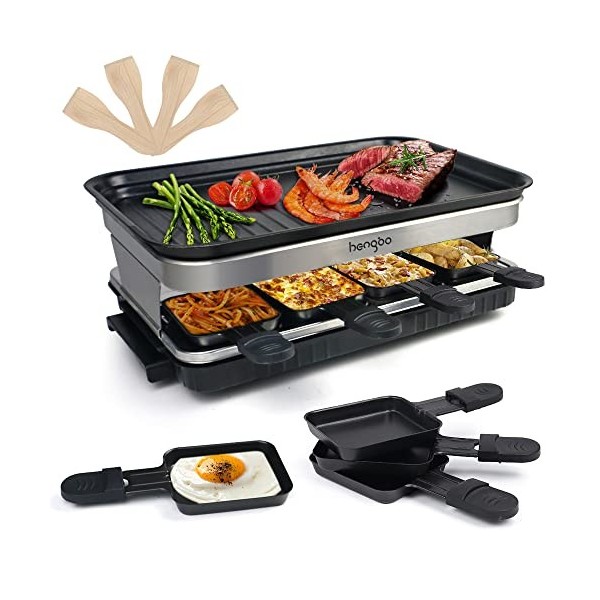 Raclette Appareil Raclette Grill 4 6 8 Personnes Machine Fondue Electrique Raclettes 1500 W avec Anti-adhésives de Poignées 8