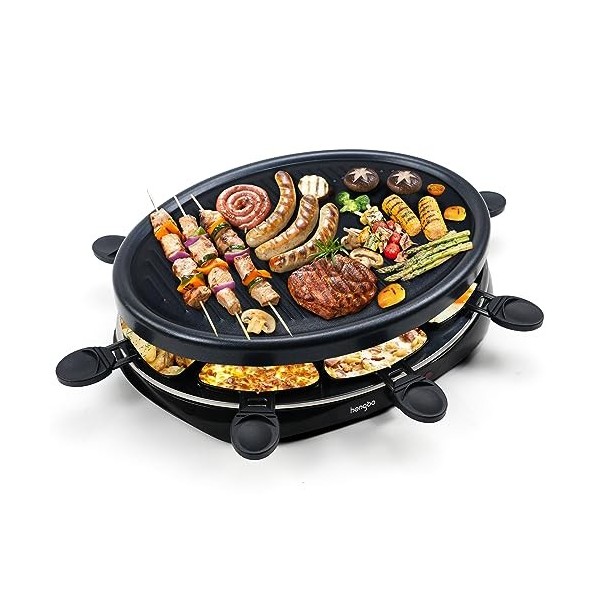Appareil Raclette 8 Personnes Plancha Electrique Grill Thermostat Réglable avec 2 Spatules et 8 Poêlons Machine a Raclette Pl