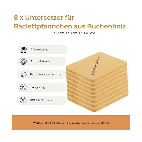 HOFMEISTER® Lot de 8 Dessous de Verre pour poêles à raclette en Bois de 10 cm - Prêts à raclette et Tables Contre lhuile et 