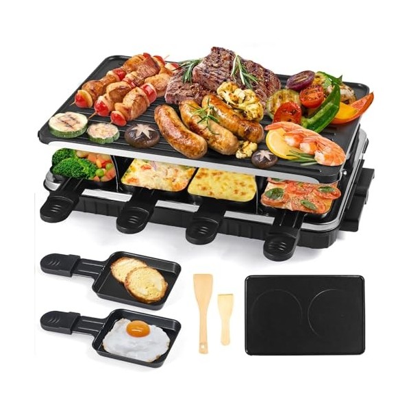 Appareil a Raclette- Machine a Raclette 8 Personnes avec Revêtement Anti-Adhésif 8 Poelon Raclette Individuelle 8 Spatule Rac