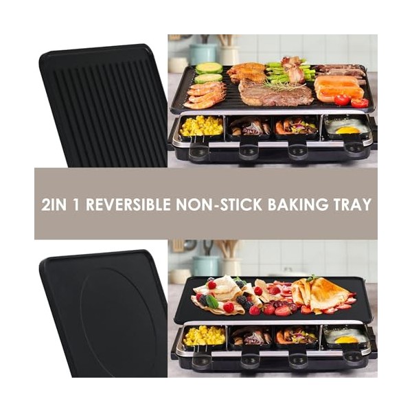 Appareil a Raclette- Machine a Raclette 8 Personnes avec Revêtement Anti-Adhésif 8 Poelon Raclette Individuelle 8 Spatule Rac