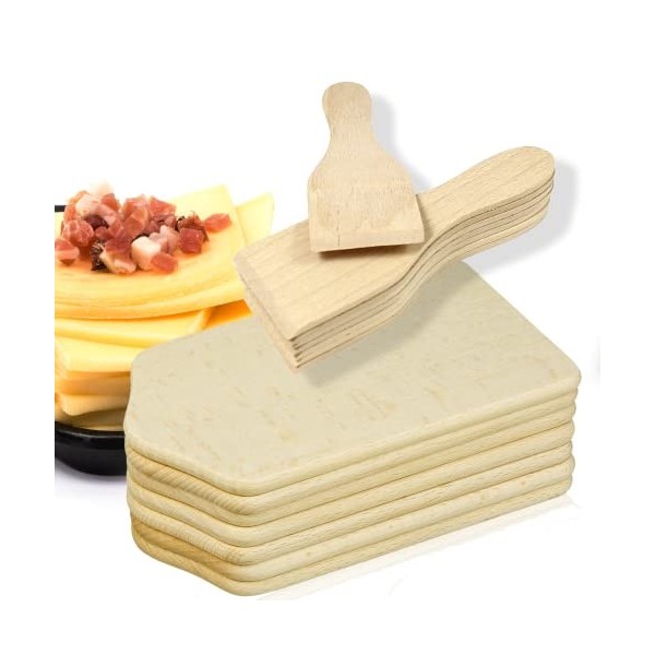 Lot de 16 accessoires pour raclette comprenant 8 spatules et 8 planchettes en bois de hêtre