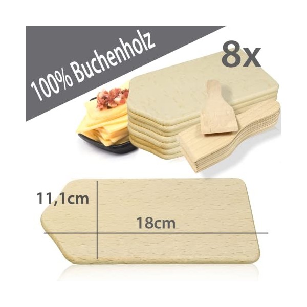 Lot de 16 accessoires pour raclette comprenant 8 spatules et 8 planchettes en bois de hêtre