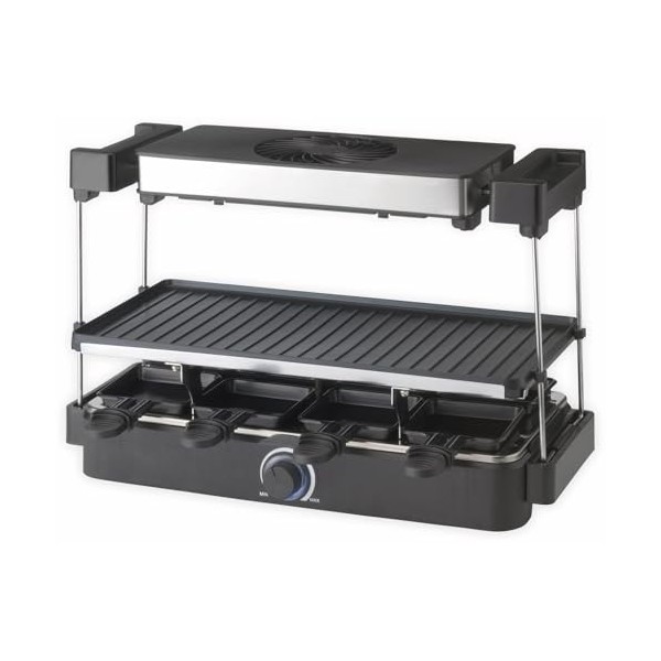 Trebs Raclette Grill 15110 - Raclette avec hotte - 8 poêlons - Double revêtement anti-adhésif - 1300 W - Noir