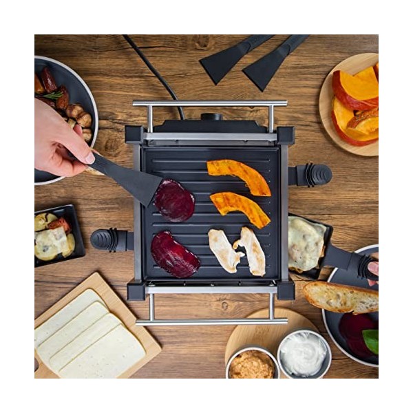 Küchenprofi Raclette TASTE4, raclette pour 4 personnes, plaque de cuisson antiadhésive utilisable des deux côtés, 4 poêlons à