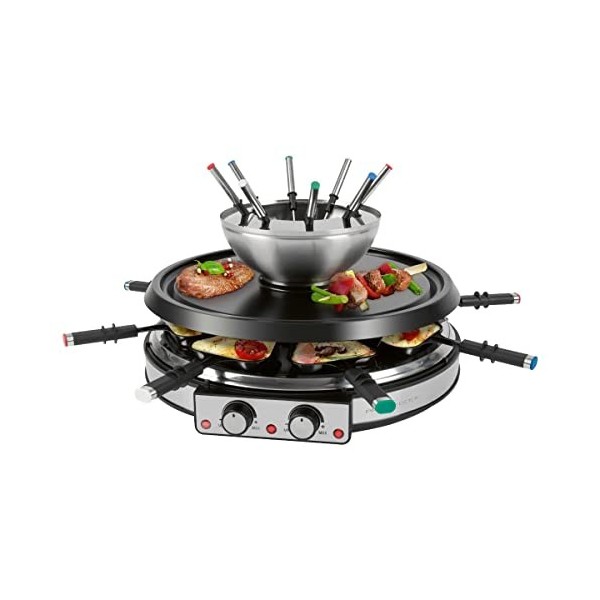 ProfiCook 1245 Raclette Fondue à raclette électrique 2 en 1 avec kit à fondue avec spatule, poêle, fourchettes en pierre natu