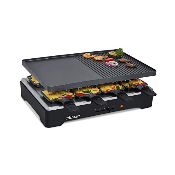 Cloer 6446 Gril avec Plaque en Aluminium moulé sous Pression-utilisable des Deux côtés, 8 poêles à raclette à revêtement anti