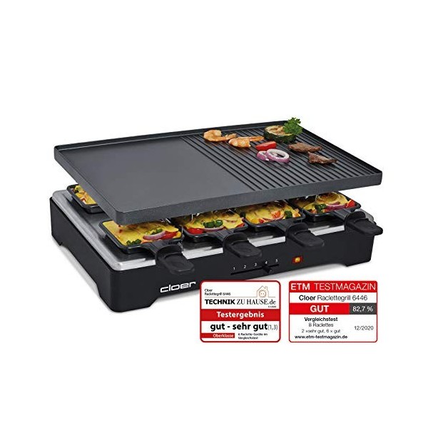 Cloer 6446 Gril avec Plaque en Aluminium moulé sous Pression-utilisable des Deux côtés, 8 poêles à raclette à revêtement anti
