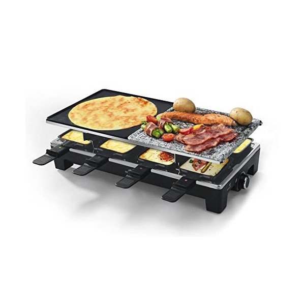 SENYA Appareil 4en1 Raclette, Grill, Crêpe, Pierre à cuire, 8 personnes, Revêtement antiadhésif, 1500W, Cheese & Stone, SYCK-