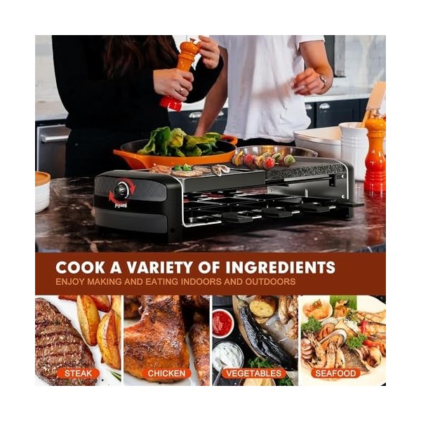 joyami Gril à raclette avec pierre naturelle et plaque de gril électrique, grill électrique avec 2 plaques de cuisson et 8 po