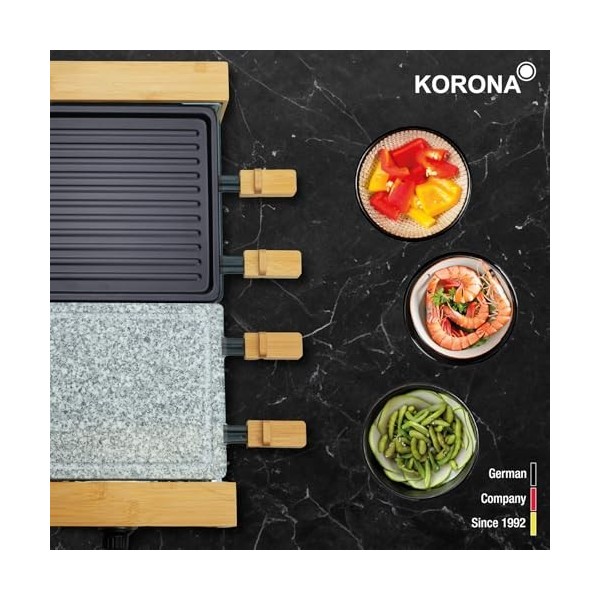Korona 45090 Appareil à raclette pour 8 personnes | Design bambou de qualité supérieure | Avec plaques de cuisson divisées, p