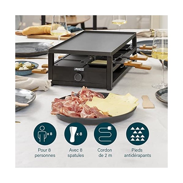 Princess appareil à raclette Black Steel - 8 personnes - Thermostat réglable - 1 300 W