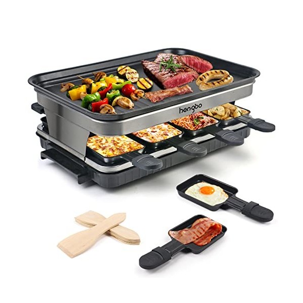 Appareil a Raclette 8 Personne Service a Raclette avec Revêtement Anti-Adhésif Plaque de Cuisson 8 Poêlons Antiadhésifs 4 Spa