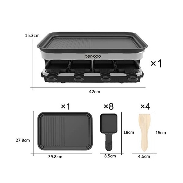 Appareil a Raclette 8 Personne Service a Raclette avec Revêtement Anti-Adhésif Plaque de Cuisson 8 Poêlons Antiadhésifs 4 Spa