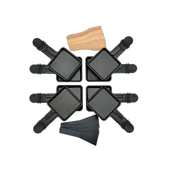 RoDzj Poelon Raclette Carré, 8 Pièces Revêtement Antiadhésif Raclette Set avec 8 Spatules Raclette Coupelle Raclette pour Fro