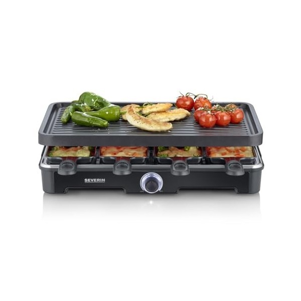 SEVERIN Appareil à raclette pour 8 personnes, Plaque de cuisson avec surface de cuisson rainurée 41,7 x 26,3 cm antiadhésive,