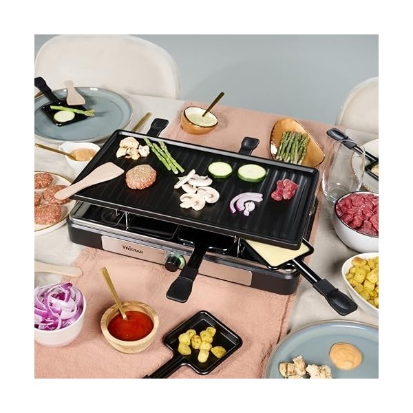 Tristar Raclette - 8 personnes - Surface de cuisson 42 x 23 cm - Thermostat réglable avec anneau lumineux - 1400 W - Noir - R