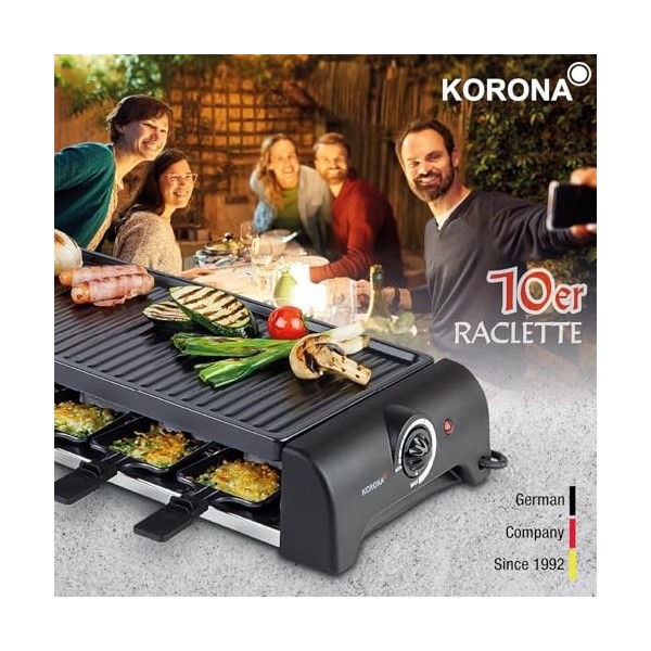 Korona 45060 Barbecue électrique de table/Raclette pour 10 personnes | Raclette XXL avec 10 poêlons & spatules | Avec plaque 