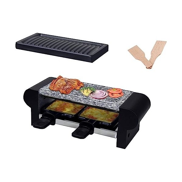 HASAYAKI Barbecue à raclette électrique 350 W pour 2 personnes avec plaque de pierre, plaque de cuisson antiadhésive, 2 moule