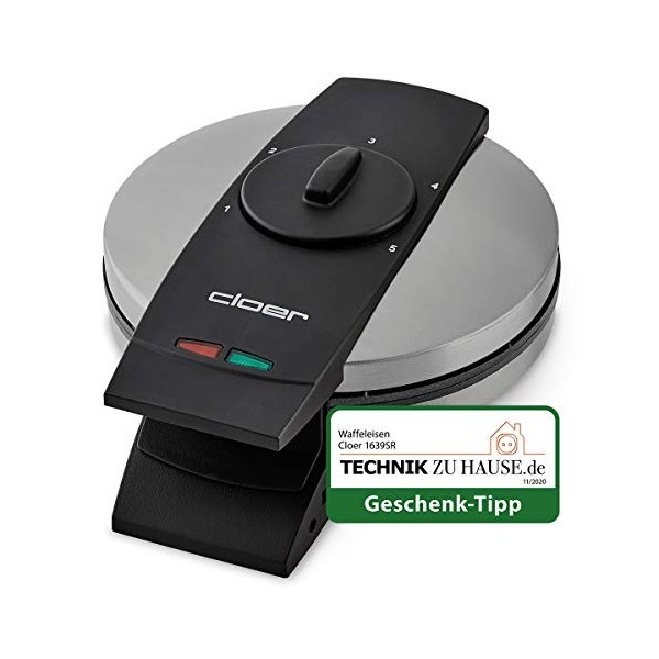 Cloer 1639SR Gaufrier, Taille de Gaufre 15,5 cm Ø, Double revêtement antiadhésif, résistant au Sucre, lumière de Cuisson, 930