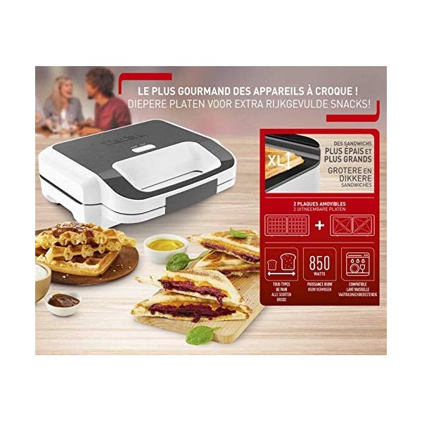 TEFAL Snack XL Appareil à croques et à gaufres, 850W, Plaques amovibles extra profondes et larges, Multifonction, Chauffe rap