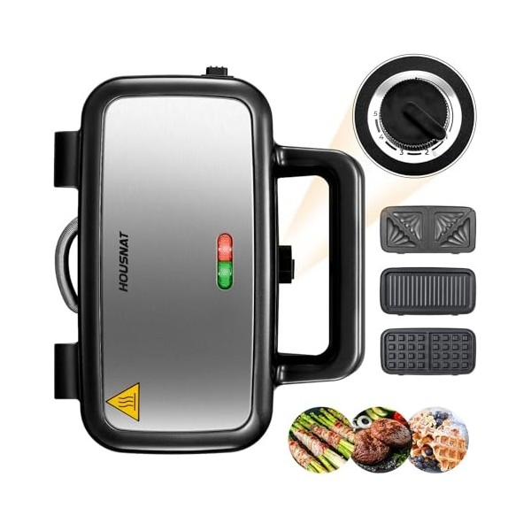 Croque Monsieur 3 en 1, Gauffrier Multifonctions 1200W, Contrôle de Température à 5 Vitesses, Machine à Panini avec Plaque An