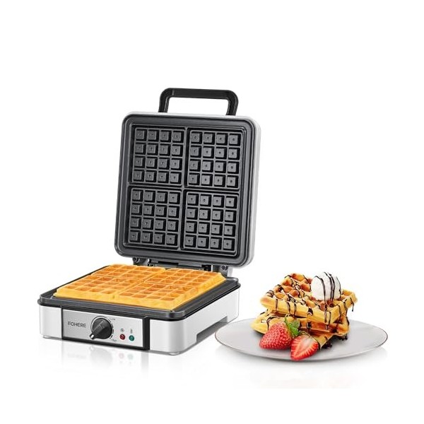 FOHERE Gaufrier Belge 1200W, Contrôle de Température à 5 Vitesses, Appareil a Gauffre Electrique, Poignée Thermo-isolante, Lu