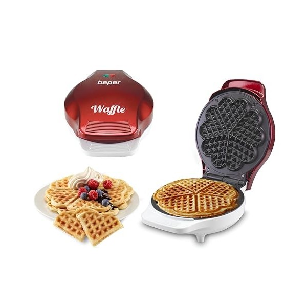 BEPER BT.603Y - Gaufrier, appareil à gaufres, 5 gaufres à la fois, plaque antiadhésive de 18cm, 800-1000W - Rouge/Blanc