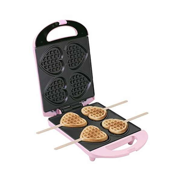 Bestron Gaufrier pour de petites gaufres en forme de cœur piquées sur bâtonnet, Design rétro, Sweet Dreams, 780 W, Rose