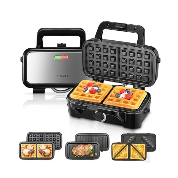 Gaufrier 1200W, Appareil Croque Monsieur 3 en 1, Contrôle de la Température à 5 Vitesses, Machine à Gaufres et Croques, à San