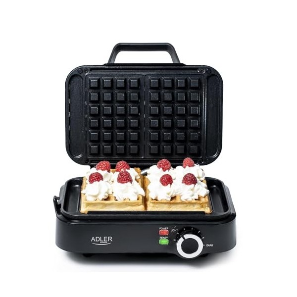 ADLER EUROPE Mini Gaufrier 2000W – Gaufrier Compact avec Revêtement Antiadhésif – Température Réglable – Gauffre Prépare 2 Gr