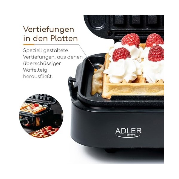 ADLER EUROPE Mini Gaufrier 2000W – Gaufrier Compact avec Revêtement Antiadhésif – Température Réglable – Gauffre Prépare 2 Gr