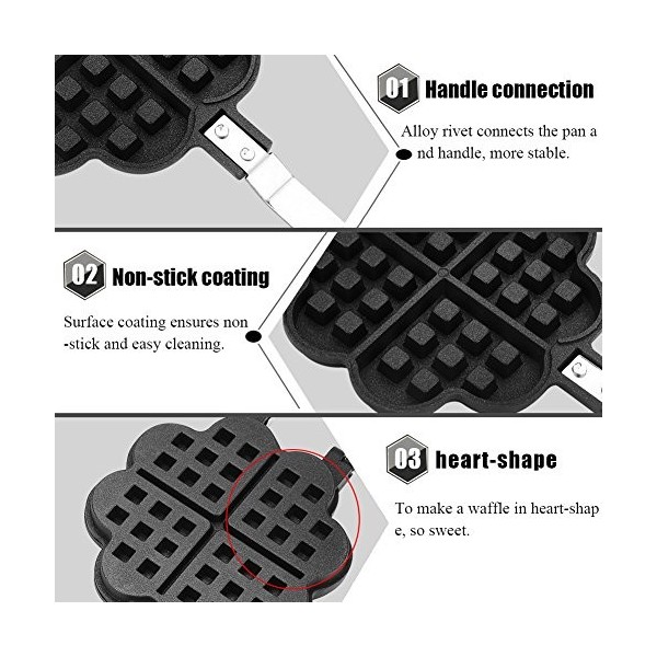 Moule à Gaufres Double en Aluminium pour Heart-Shaped Slice, Belge Coeur Waffle Maker, Revêtement Intérieur Antiadhésif PTFE,