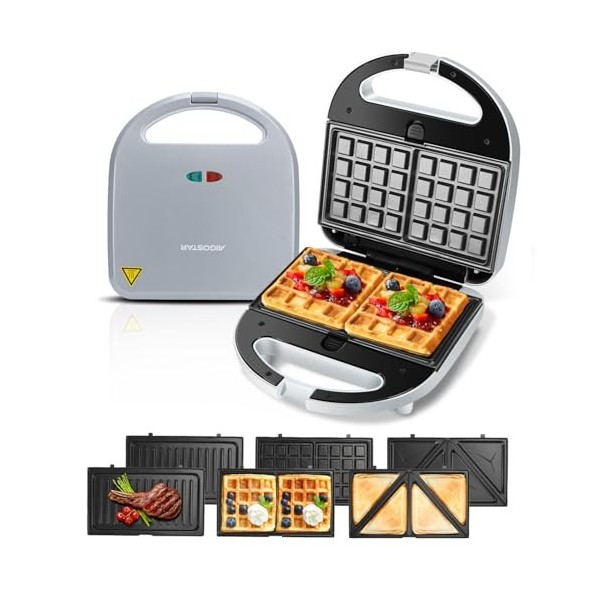 Aigostar Gaufrier 3 en 1 : Gaufrier, Presse à paninis et Appareil à sandwichs, avec 3 plaques antiadhésives et interchangeabl