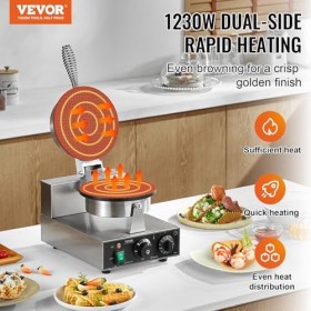 VEVOR Gaufrier à Cornet de Glace Commercial 1230 W, Appareil à Cornet de Glace et Rouleaux dŒufs, en Acier Inoxydable Antiad
