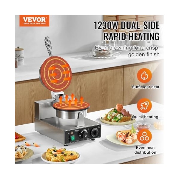 VEVOR Gaufrier à Cornet de Glace Commercial 1230 W, Appareil à Cornet de Glace et Rouleaux dŒufs, en Acier Inoxydable Antiad