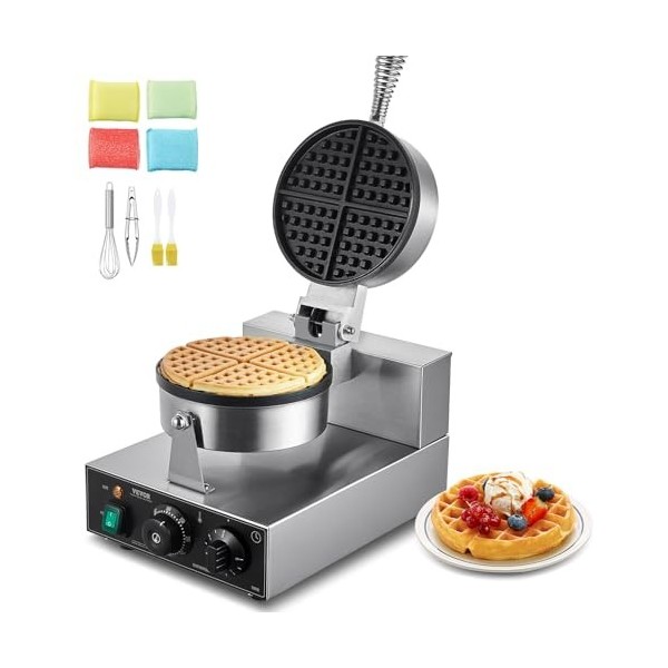 VEVOR Gaufrier Commercial 1230 W, Appareil à Gaufre Ronde en Acier Inoxydable, Machine à Gaufre Antiadhésive, avec Contrôle d