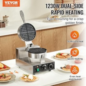 VEVOR Gaufrier Commercial 1230 W, Appareil à Gaufre Ronde en Acier Inoxydable, Machine à Gaufre Antiadhésive, avec Contrôle d