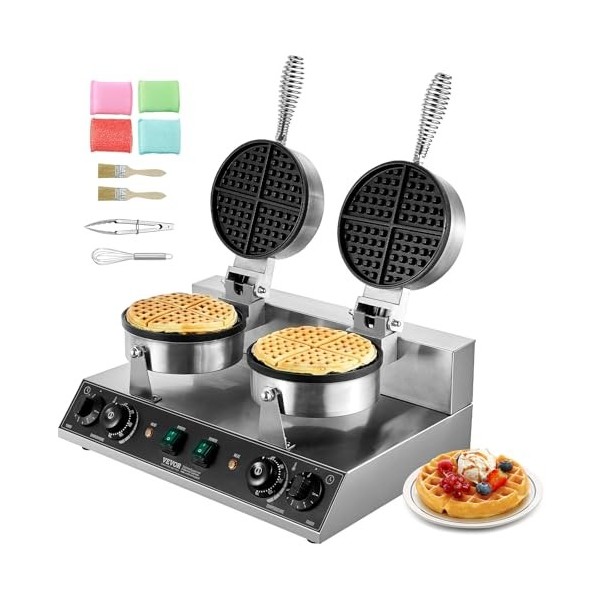 VEVOR Gaufrier Commercial 2460 W, Appareil à Gaufre Ronde à Double Tête, en Acier Inoxydable, Antiadhésif, avec Contrôle de l