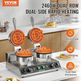 VEVOR Gaufrier Commercial 2460 W, Appareil à Gaufre Ronde à Double Tête, en Acier Inoxydable, Antiadhésif, avec Contrôle de l