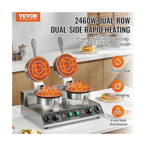 VEVOR Gaufrier Commercial 2460 W, Appareil à Gaufre Ronde à Double Tête, en Acier Inoxydable, Antiadhésif, avec Contrôle de l