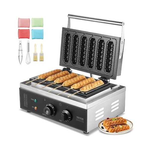 VEVOR Gaufrier Commercial, 6 Pièces 1500W Gaufrier Machine, Gaufrier Antiadhésif en Acier Inoxydable pour Hot Dog avec Contrô