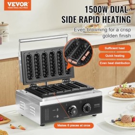 VEVOR Gaufrier Commercial, 6 Pièces 1500W Gaufrier Machine, Gaufrier Antiadhésif en Acier Inoxydable pour Hot Dog avec Contrô