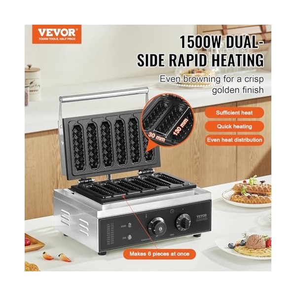 VEVOR Gaufrier Commercial, 6 Pièces 1500W Gaufrier Machine, Gaufrier Antiadhésif en Acier Inoxydable pour Hot Dog avec Contrô