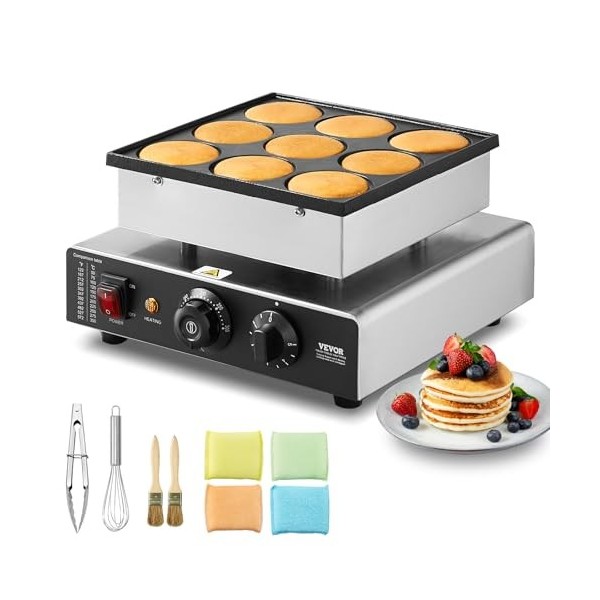 VEVOR Appareil à Pancake 9PCs 76 mm, Crêpière Commerciale 850 W, Appareil à Poffertjes Dorayaki en Acier Inoxydable Antiadhés