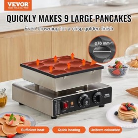 VEVOR Appareil à Pancake 9PCs 76 mm, Crêpière Commerciale 850 W, Appareil à Poffertjes Dorayaki en Acier Inoxydable Antiadhés