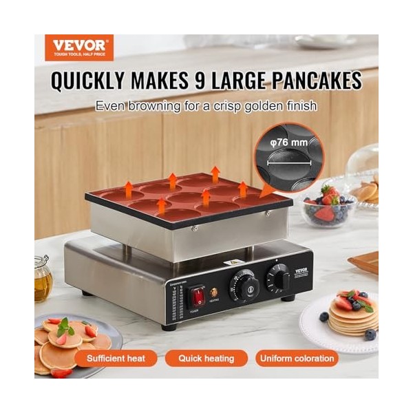 VEVOR Appareil à Pancake 9PCs 76 mm, Crêpière Commerciale 850 W, Appareil à Poffertjes Dorayaki en Acier Inoxydable Antiadhés