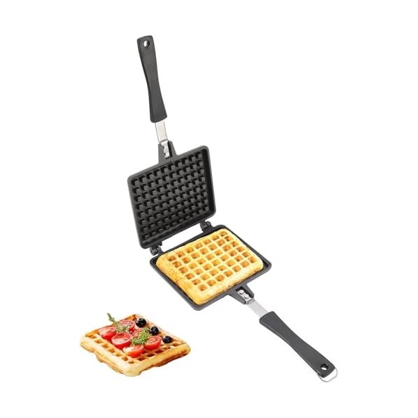 Plaque de cuisson à gaufres avec long manche et grille anti-adhésive, la gaufrier est fabriquée en aluminium moulé sous press