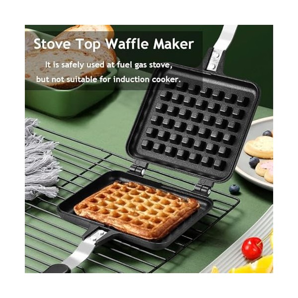 Plaque de cuisson à gaufres avec long manche et grille anti-adhésive, la gaufrier est fabriquée en aluminium moulé sous press