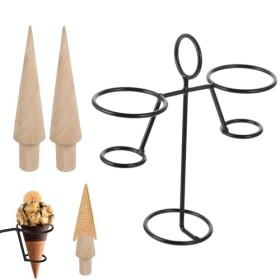 Lumeclat Set de 3 pièces pour cornets de glace en bois, comprenant 2 rouleaux pour cônes de gaufres et un support de présenta